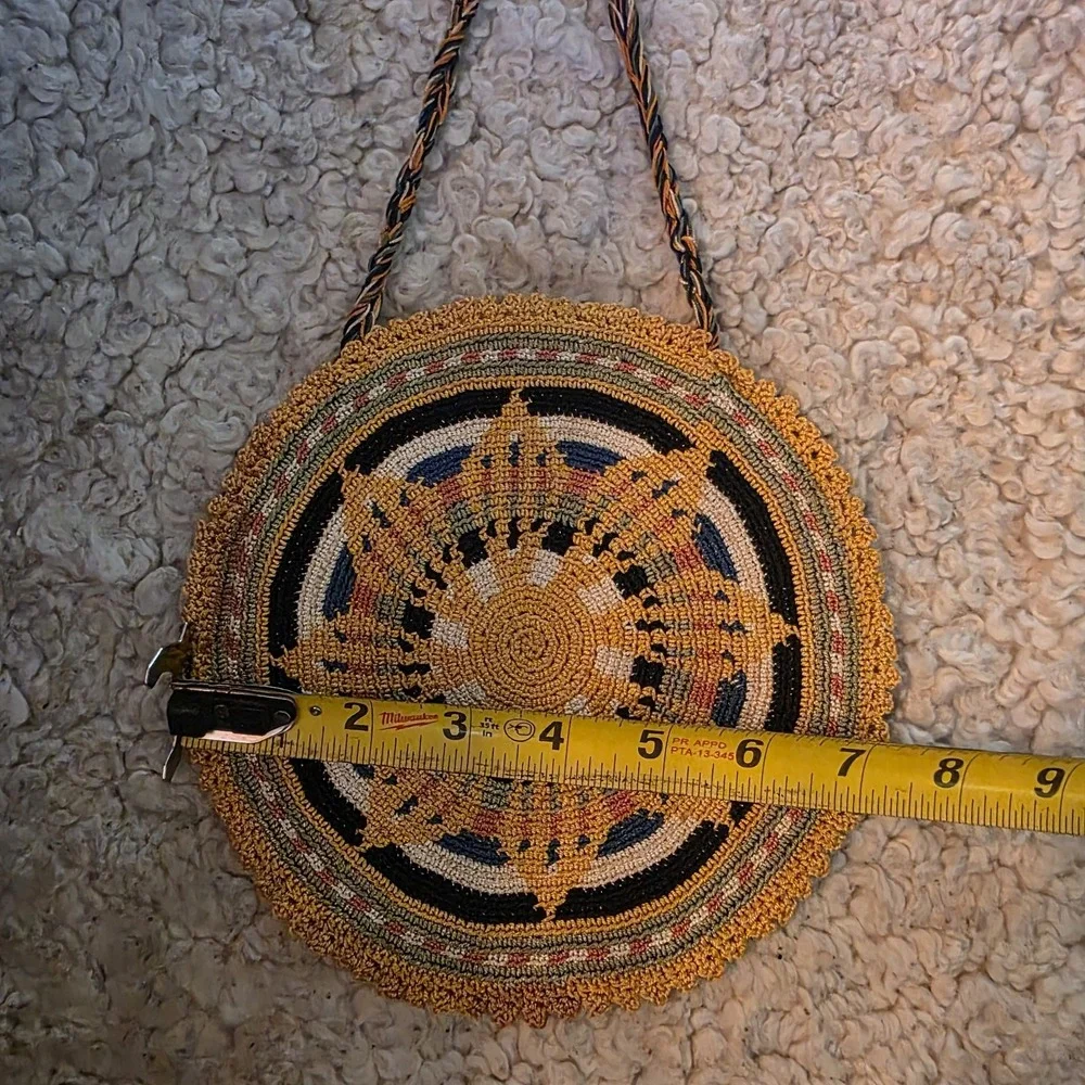 Vintage Knitted Round Boho Ethnic Bag Tribal Artisan Folk Retro Circle Gypsy